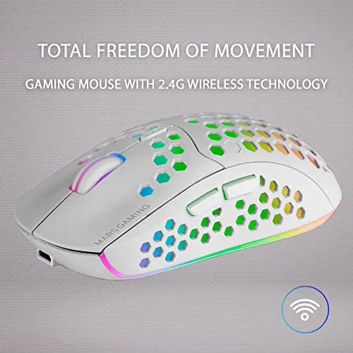 Mars Gaming ▫️ MMW3, Rato de jogos sem fios ultraleve Hive, RGB Flow, sensor de 3200 dpi, interruptores mecânicos HUANO, bateria recarregável, USB 2,4 GHz, branco 3