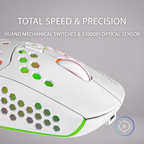 Mars Gaming ▫️ MMW3, Rato de jogos sem fios ultraleve Hive, RGB Flow, sensor de 3200 dpi, interruptores mecânicos HUANO, bateria recarregável, USB 2,4 GHz, branco 5