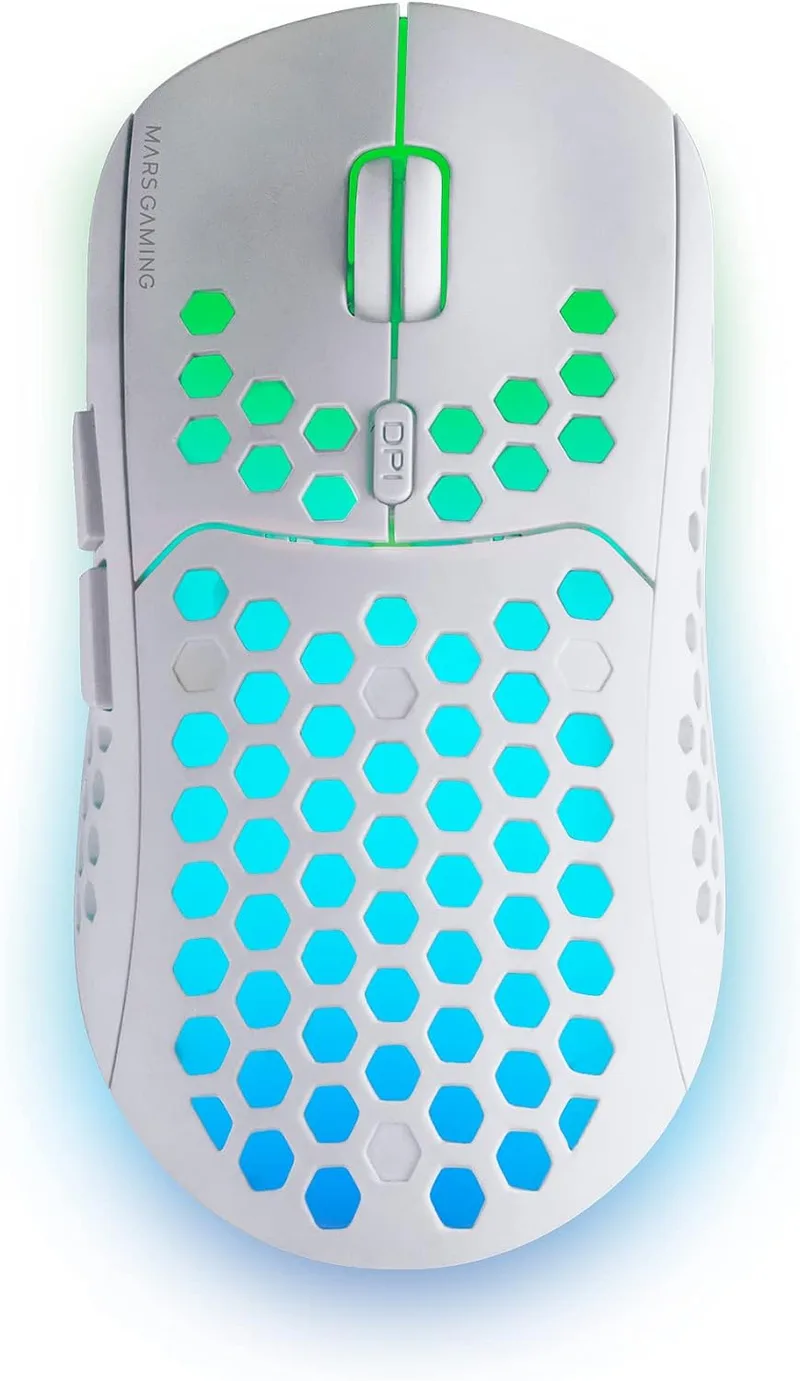 Mars Gaming ▫️ MMW3, Rato de jogos sem fios ultraleve Hive, RGB Flow, sensor de 3200 dpi, interruptores mecânicos HUANO, bateria recarregável, USB 2,4 GHz, branco