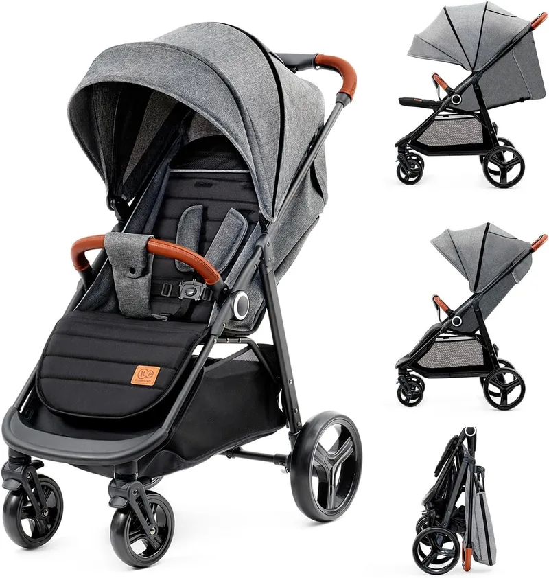 Kinderkraft ▫️ kk GRANDE PLUS Cadeira de passeio leve, desde o nascimento até aos 22 kg, dobrável com uma só mão, posição deitada, suspensão em todas as rodas, capota grande XL, cinzento