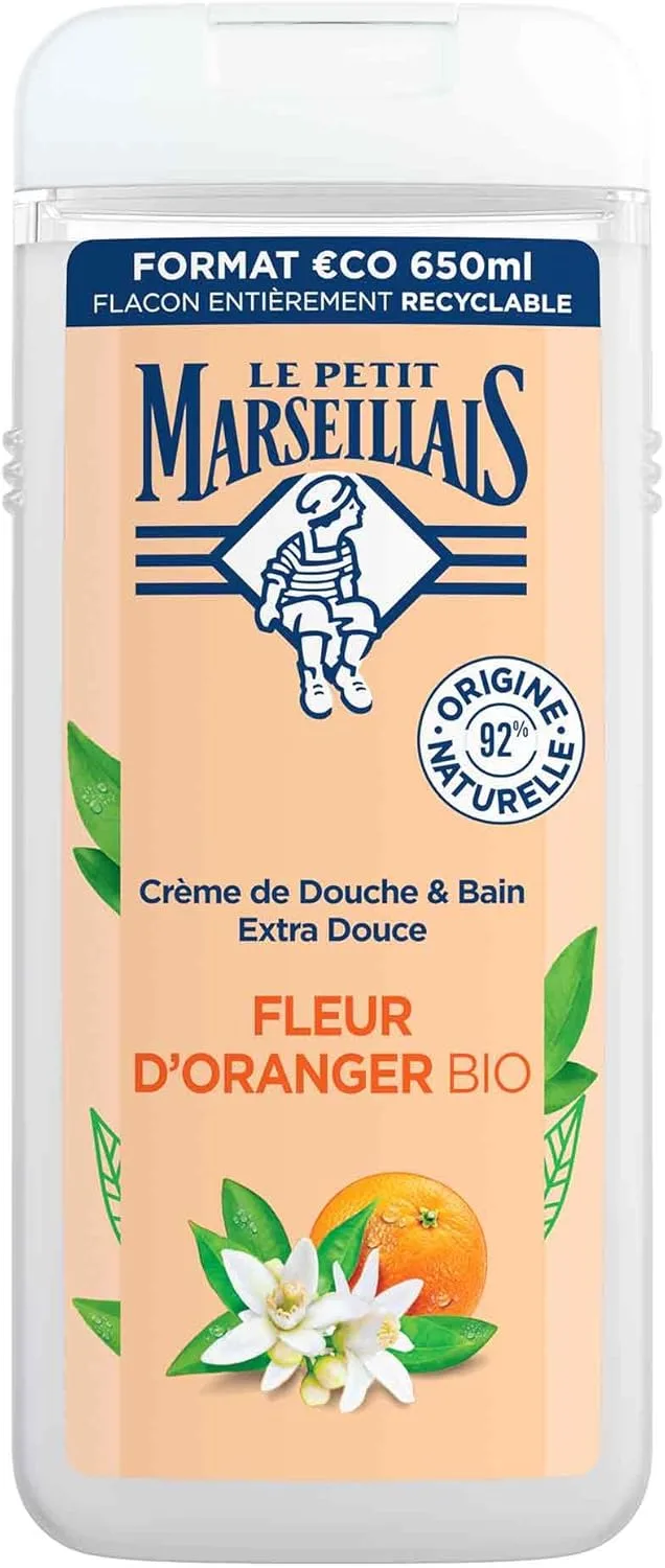 Le Petit Marseillais ▫️ Gel de Duche Corporal Extra Suave, Flor de Laranjeira Biológica, Hidratante e Nutritivo para peles sensíveis, com ingredientes naturais e embalagem reciclável e recarregável.