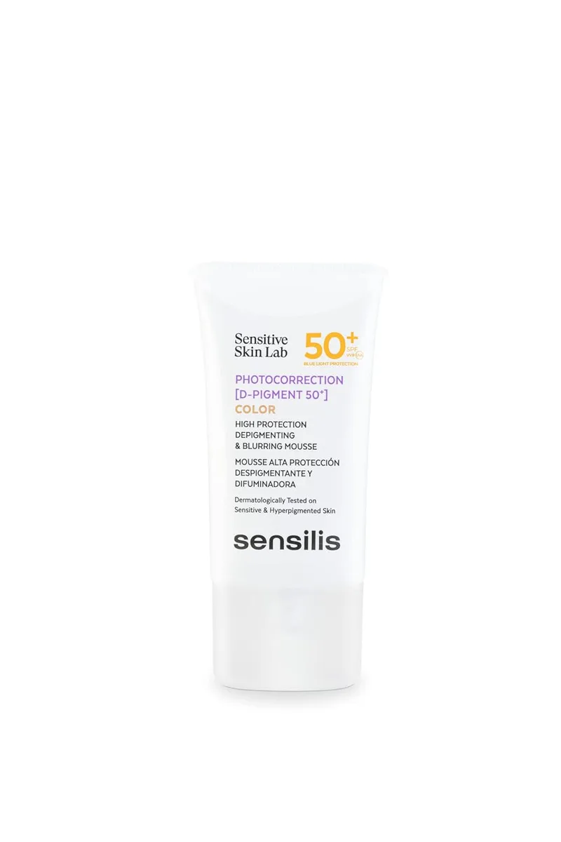 Sensilis - Photocorrection D-PIGMENT SPF50+, Protetor solar facial, Despigmentante, Textura em mousse, Previne as manchas, esbate a tonalidade e protege contra o envelhecimento da pele - 40 ml