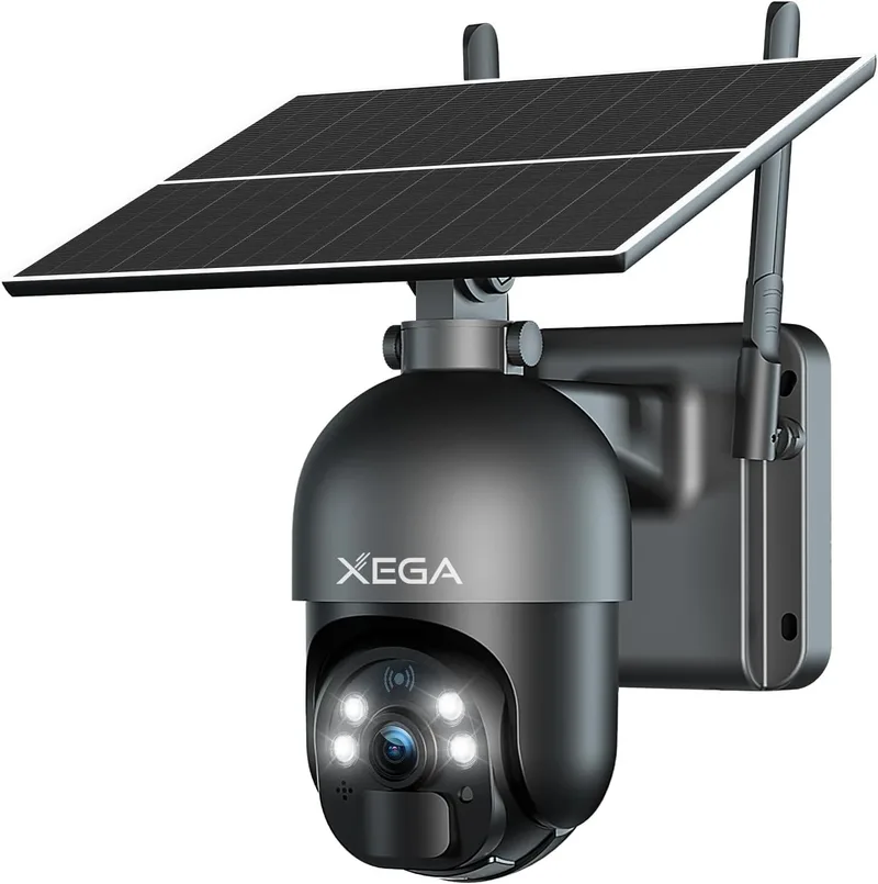 Xega ▫️ Câmara de segurança exterior sem fios 4G LTE 2K com energia solar, 355°/95°, sensor de movimento PIR, visão nocturna, conversação bidirecional, cartão SIM incluído