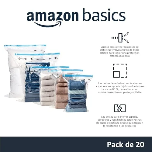 Amazon Basics ▫️ Sacos de armazenamento compressíveis a vácuo, inclui bomba de vácuo manual, fecho de correr, conjunto, 20 unidades (5 pequenos, 5 médios, 5 grandes e 5 jumbo), transparentes 2