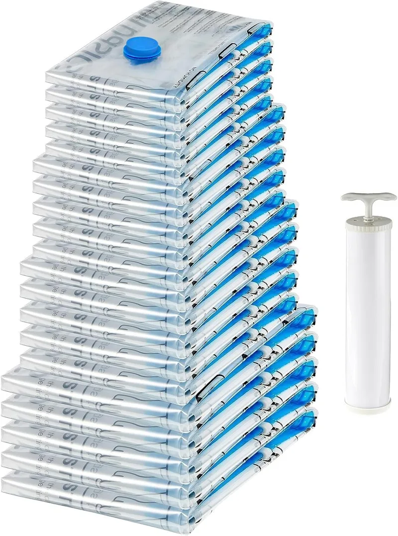 Amazon Basics ▫️ Sacos de armazenamento compressíveis a vácuo, inclui bomba de vácuo manual, fecho de correr, conjunto, 20 unidades (5 pequenos, 5 médios, 5 grandes e 5 jumbo), transparentes