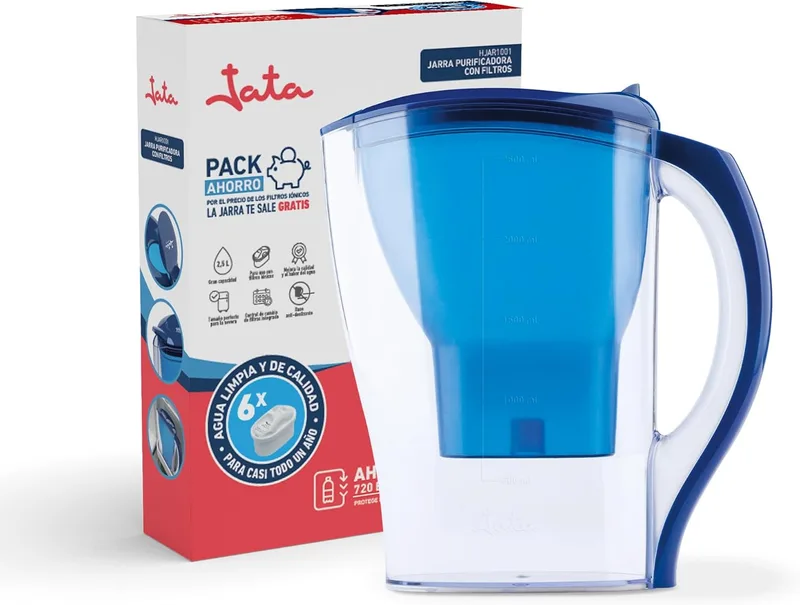 Jata ▫️ Hogar HJAR1001 - Jarro com filtro de água de 2,5 litros. Inclui 6 cartuchos iónicos. Reduz o calcário, o cloro e os resíduos de cobre. Água com sabor e pureza.