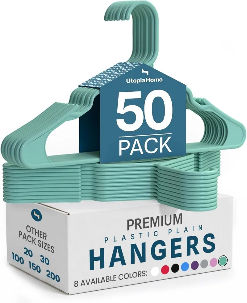 Utopia Home ▫️ Conjunto de 50 cabides de plástico que poupam espaço, resistentes e com ranhuras para os ombros, Água