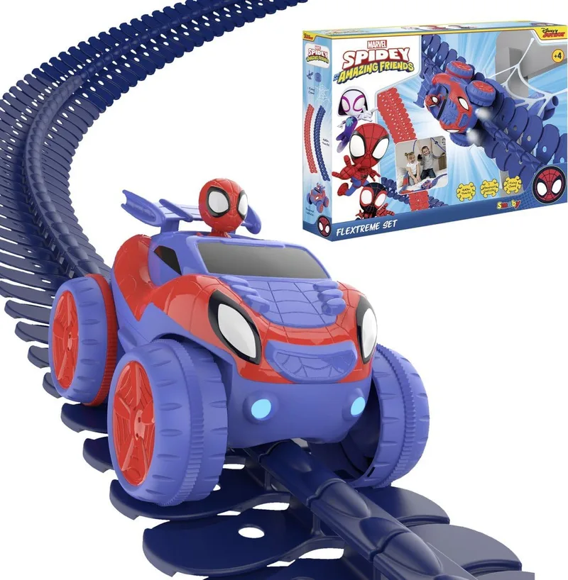 Marvel ▫️ Smoby - Flextreme Spidey, Pistas flexíveis para o carro do Spidey, inclui carro com luzes, 184 peças, até 4,4 m de pista (7600180918)