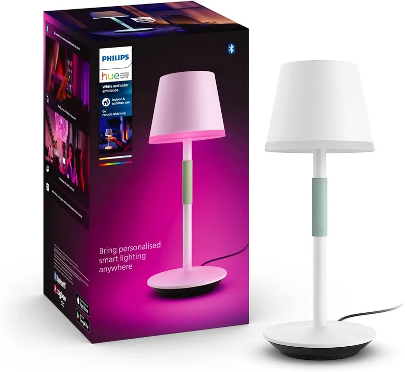 Philips Hue ▫️ Go Portable - Candeeiro de mesa inteligente portátil, candeeiro de mesa LED recarregável, luz branca e colorida, para interior e exterior (IP20/54), compatível com Alexa e Google Home, branco