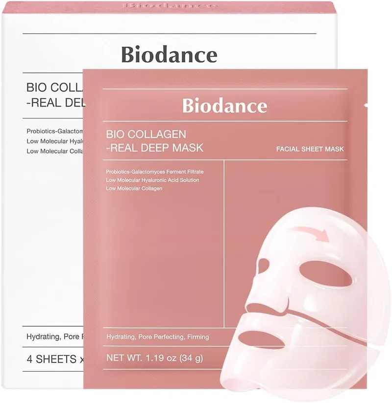 Biodance ▫️ Bio-Collagen Real Deep Mask - Máscara noturna hidratante, que minimiza os poros e melhora a elasticidade - Máscara facial de hidratação profunda com colagénio - 34 g x 4 unidades