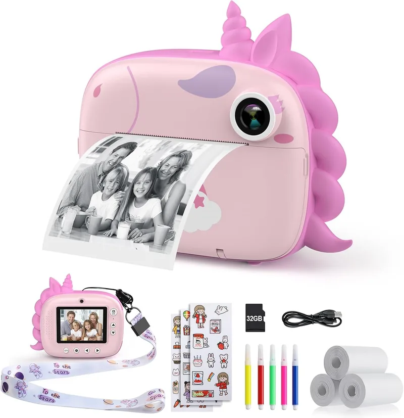 HiMont ▫️ Câmara digital instantânea para crianças com papel de impressão e cartão TF de 32 GB, câmara de vídeo, lápis de cera, clipes fotográficos para trabalhos manuais, presente, 3 a 14 anos, cor-de-rosa
