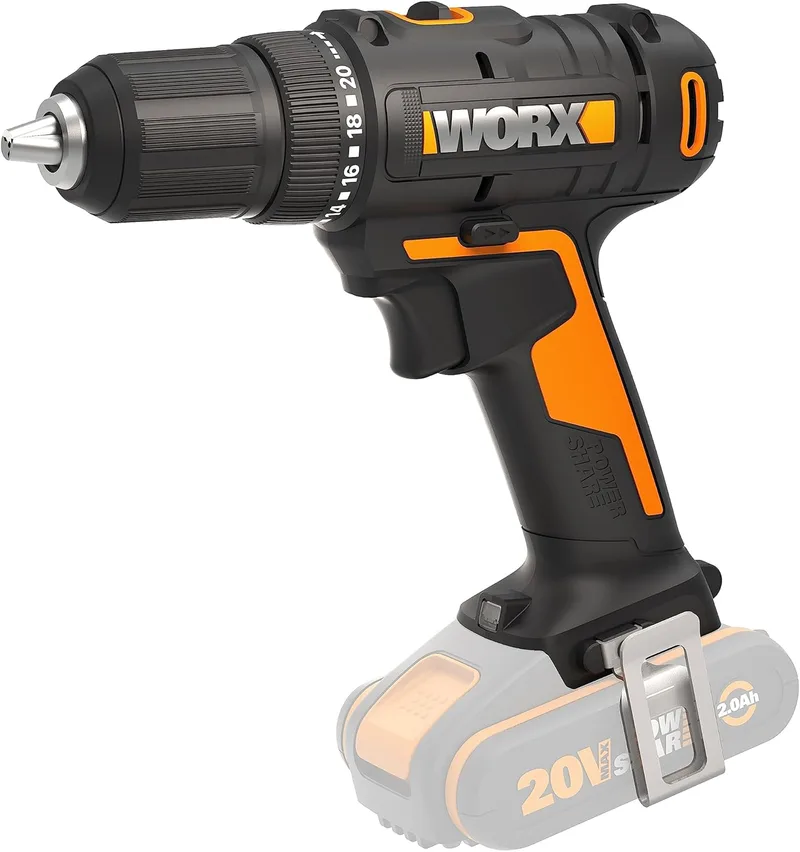 WORX ▫️ PowerShare WX108.9 20V Max PowerShare Drill Driver | WX108.9 | Leve | Bateria e carregador não incluídos | Mandril de 13mm | 45Nm | Luz LED e ponta de chave de fenda dupla,