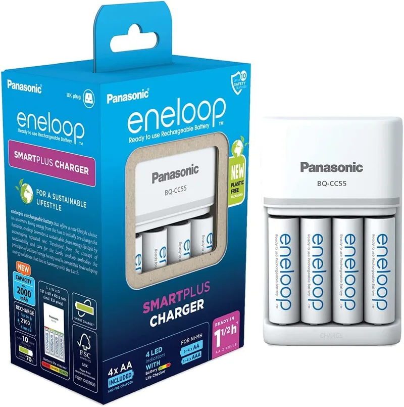 eneloop ▫️ SmartPlus. Carregador para 1 a 4 pilhas AA/AAA Ni-MH, com 4 pilhas AA/Mignon de capacidade melhorada e 10 funções de segurança.