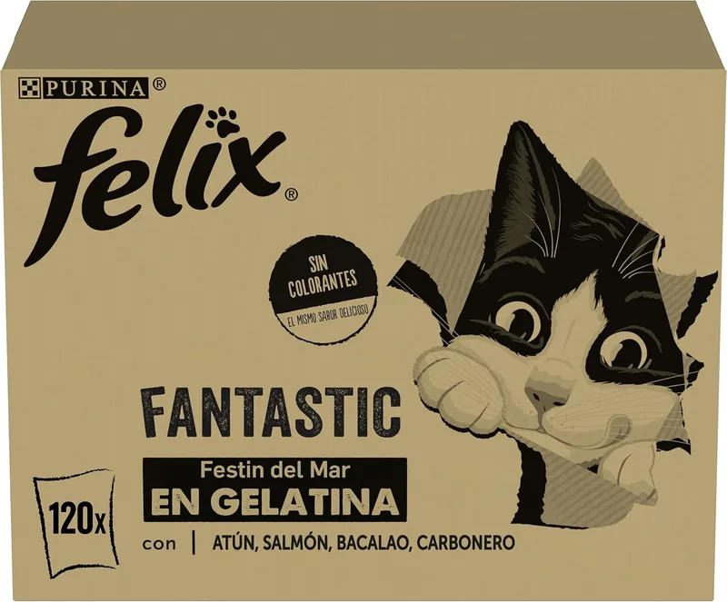 Felix ▫️ Fantastic, Ração húmida para gatos adultos, gelatina, sortido de atum, salmão, bacalhau e escamudo, embalagem de 120 bolsas de 85g