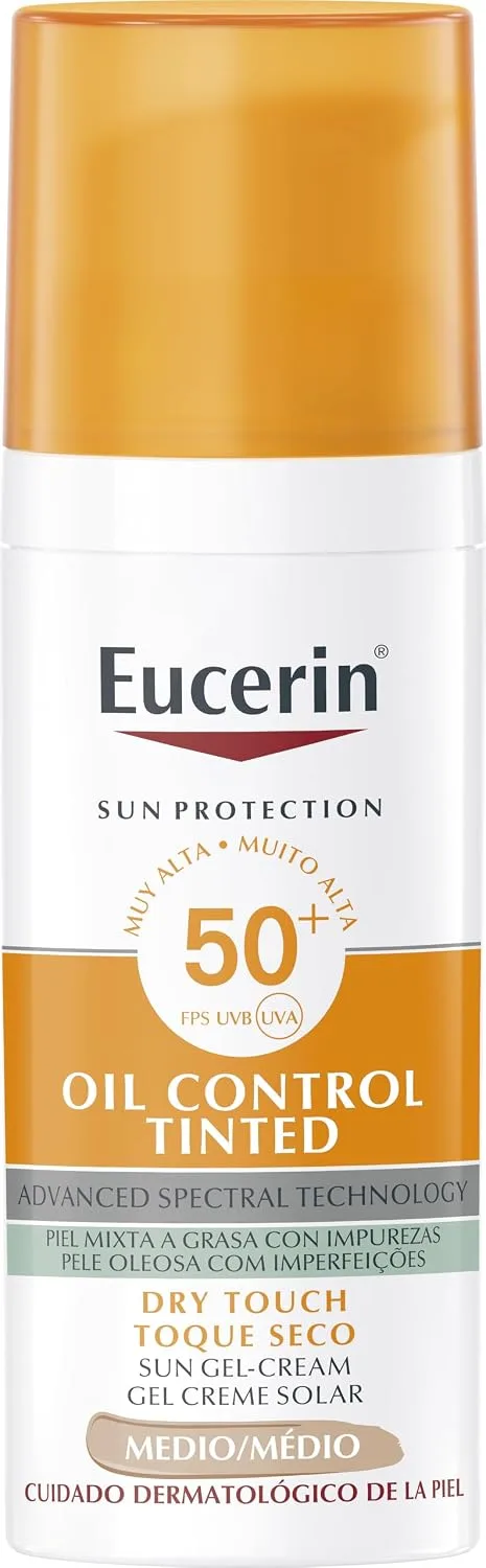 Eucerin ▫️ Sun Face Oil Control FPS 50+ com cor, tom médio (50 ml), proteção solar facial FPS 50+ com filtros UVA/UVB, creme solar para pele oleosa e com tendência para o acne, creme solar com cor e efeito matificante