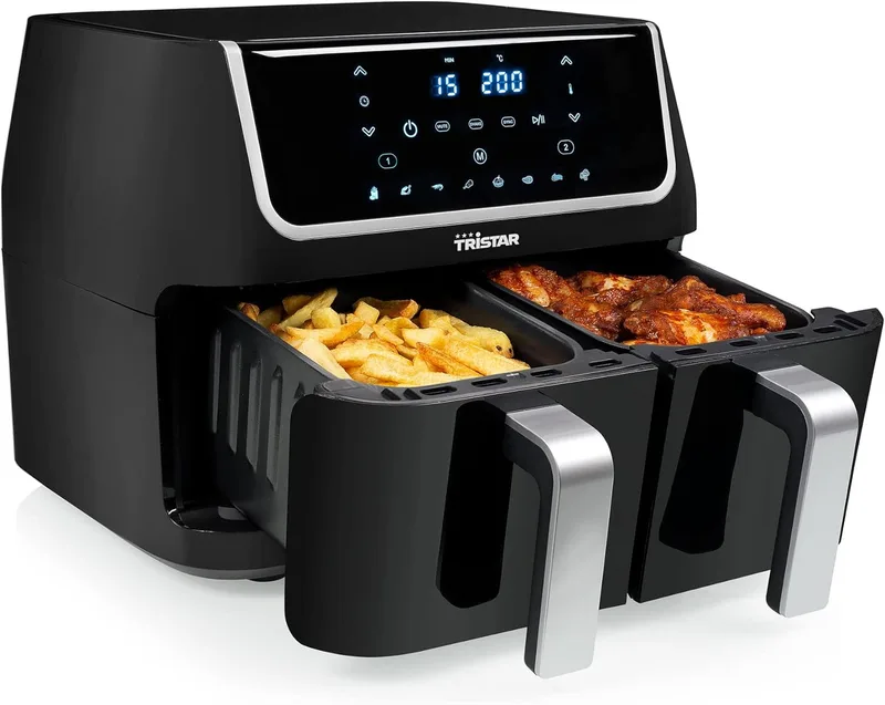Tristar ▫️ FR-6970 Fritadeira sem óleo com cesto duplo, painel de controlo digital tátil, capacidade 9 L, fácil de utilizar, multifunções, temporizador 0-60 min e temperatura ajustável 80-200 °C, 1800 W