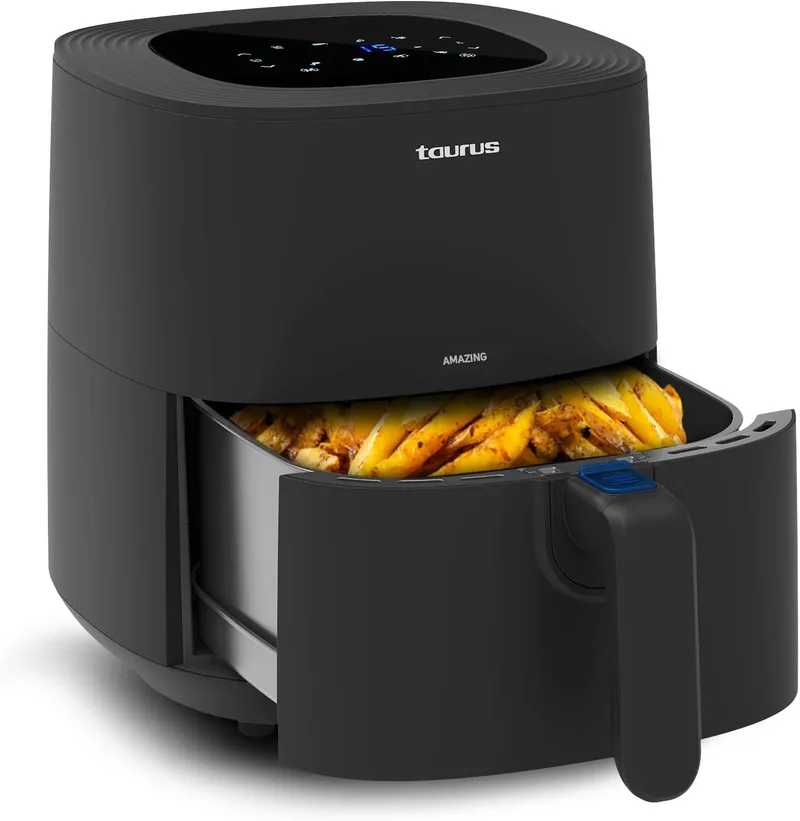Taurus ▫️ Amazing - Fritadeira de ar sem óleo AF1701D, cesto 5,5L, 8 programas, ecrã tátil, temporizador, até 200 graus C, revestimento antiaderente, sem PFOA e BPA, folheto de receitas incluído, preto