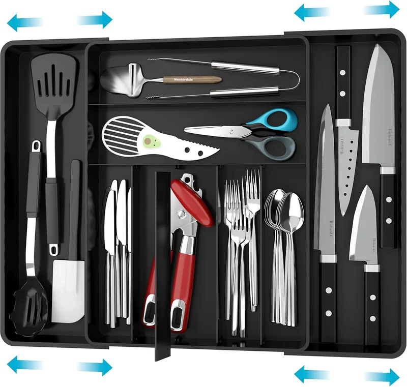 Simple Houseware ▫️ Organizador de talheres extensível para gavetas de cozinha, preto
