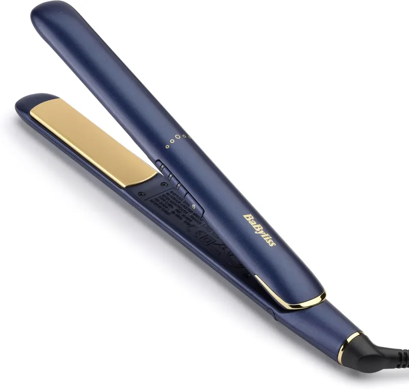 BaByliss ▫️ Alisador de cabelo Midnight Luxe - Placas flutuantes de cerâmica de titânio, deslizamento suave, aquecimento rápido em 30s, 3 regulações de calor até 235°C, Multitensão, Azul, 2516PE