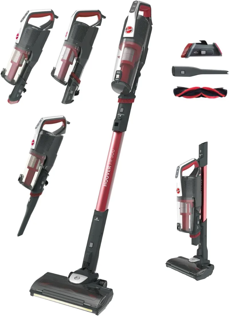 Hoover ▫️ HF500 Plus Home HF522STH Aspirador-vassoura sem fio, acessório 2 em 1, 45 min, carregamento ultrarrápido em 2,5 h, 15 500 Pa, localizador de pó com LED duplo, cor vermelha
