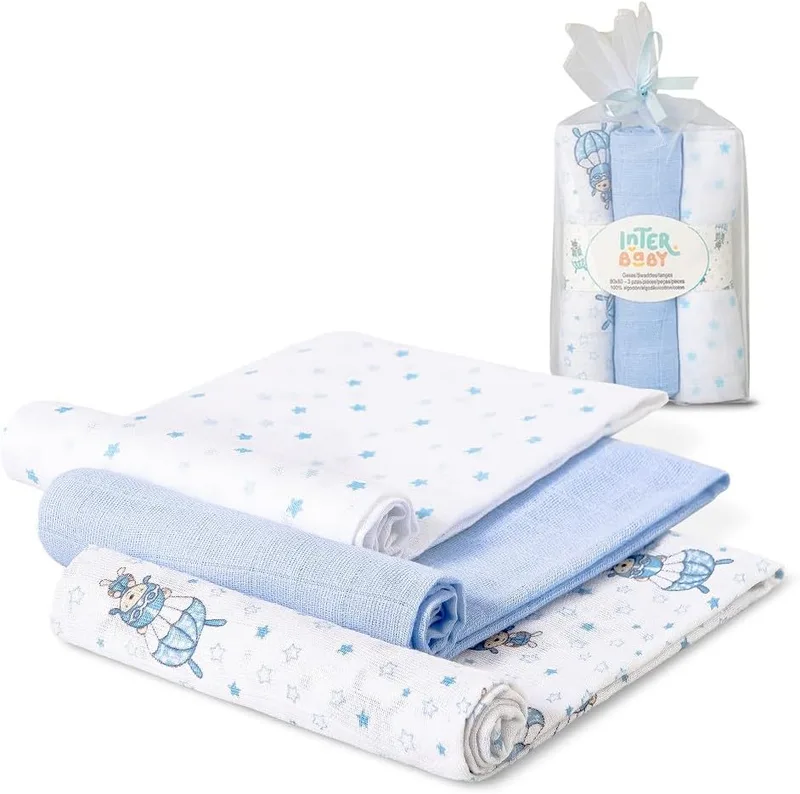 Interbaby ▫️ Toalhas de Algodão para Bebés 80x80 cm | Conjunto de 3 Toalhas para Recém-Nascidos, Amamentação, Toalha de Banho, Manta | Toalhas de Algodão para Bebés Confortáveis, Suaves e Respiráveis | Design «Paraquedista» Azul
