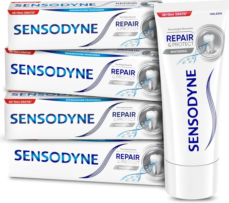 Sensodyne ▫️ Repair & Protect Whitening, pasta de dentes para dentes sensíveis, uso diário, embalagem de 4 x 75 ml