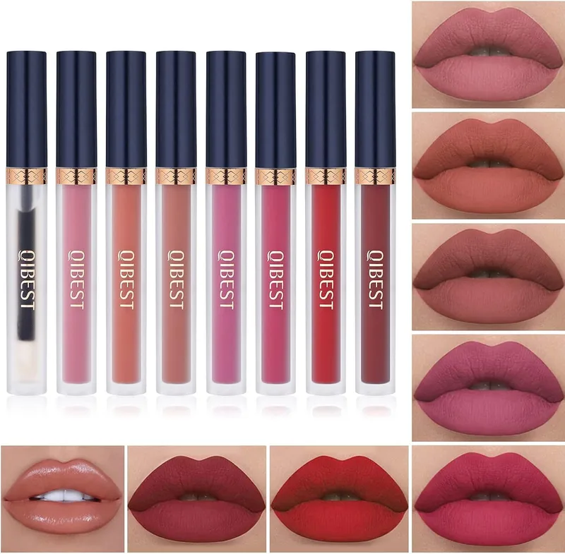 QiBest ▫️ 7 cores de batons líquidos mate + 1 peça de enchimento nutritivo para os lábios, conjuntos de oferta à prova de água e altamente pigmentados para raparigas e mulheres.