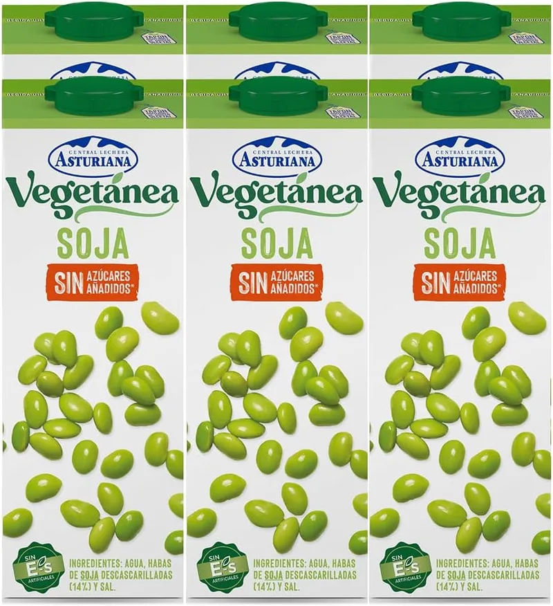 Central Lechera Asturiana ▫️ Bebida Vegetariana de Soja sem Açúcar Adicionado, Embalagem de 6 Briquetes de 1 Litro com Tampa de Enroscar, 6 x 1L, 6000 Mililitros