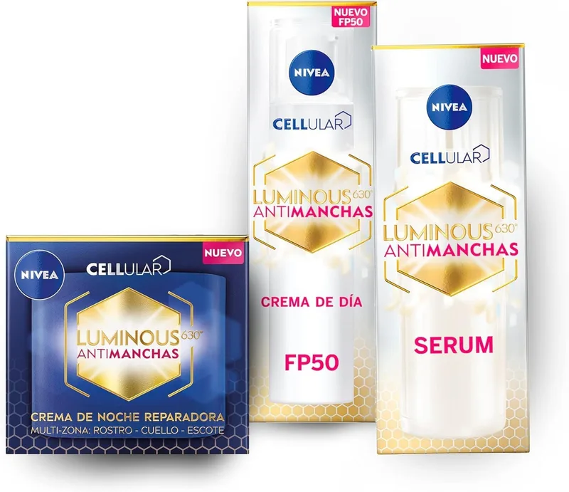 NIVEA ▫️ Cellular Luminous630 - Conjunto Anti-Manchas - Creme de Dia FP50 40 ml + Sérum 30 ml + Creme de Noite 50 ml - Com Ácido Hialurónico e Tiamidol - Reduz as manchas - Todos os tipos de pele e peles sensíveis