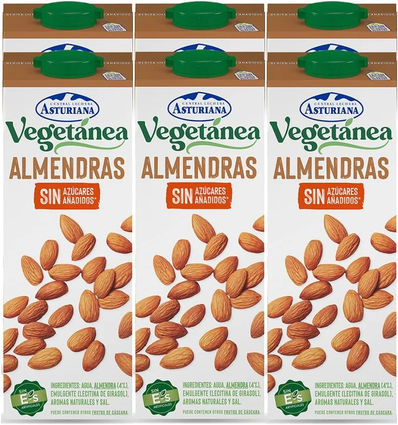 Central Lechera Asturiana ▫️ Bebida Vegetariana de Amêndoa sem Açúcar Adicionado, Embalagem de 6 x 1L com Tampa de Enroscar, 6 x 1L, 6000 Mililitros