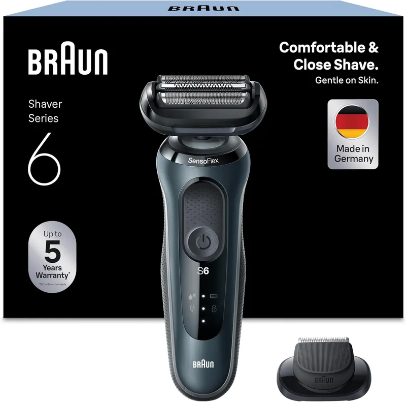 Braun ▫️ Máquina de barbear eléctrica para homem Series 6, aparador de barba de precisão, húmido e seco, recarregável, sem fios, autonomia de 50 minutos, 61-N1200s, cinzento, recarregável, sem fios, autonomia de 50 minutos, 61-N1200s, recarregável, sem fios, autonomia de 50 minutos, 61-N1200s, cinze