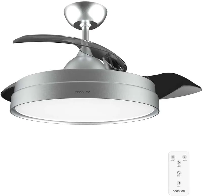 Cecotec ▫️ Ventilador de teto com pás retrácteis e lâmpada EnergySilence Aero 4280 Invisible Steel. 40 W, Diâmetro 42" (106cm), Temporizador, 3 tonalidades de luz, Função verão-inverno