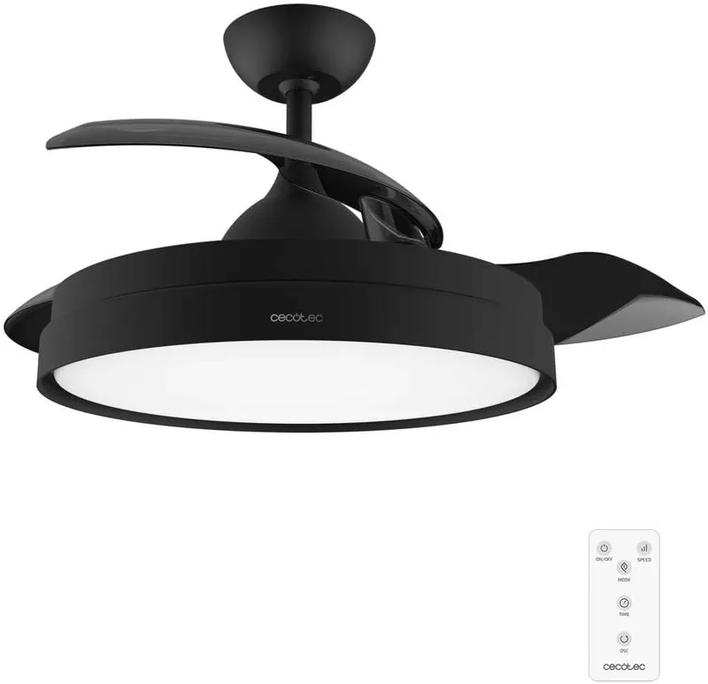 Cecotec ▫️ Ventilador de teto com pás retrácteis e lâmpada EnergySilence Aero 4280 Invisible Black. 40 W, Diâmetro 42" (106cm), Temporizador, 3 tonalidades de luz, Função verão-inverno