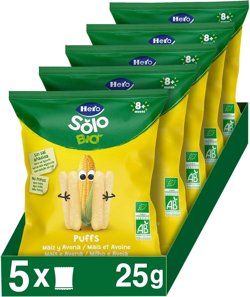 Hero ▫️ Solo - Snack de milho e aveia, 100% cereais ECO, ingredientes biológicos, biológicos e de agricultura da UE, sem fritos, sem sal adicionado, adequado para bebés a partir dos 8 meses - Embalagem de 5 x 25g