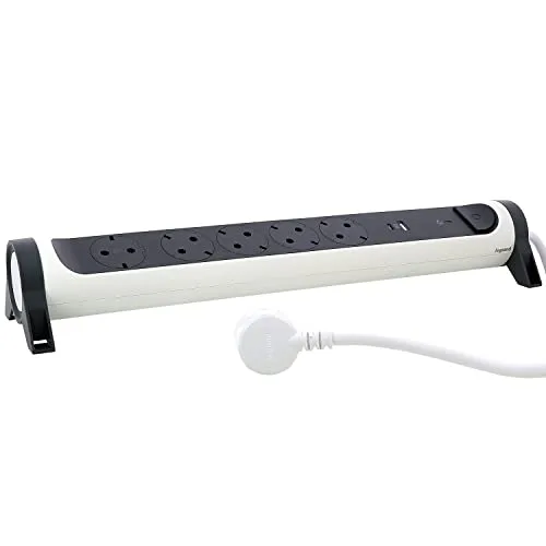 Legrand ▫️ Extensão com proteção contra sobretensão, USB Tipo A+C, com interruptor, base múltipla com 5 tomadas, cabo de 1,5 m, cor branca/cinzento escuro 694510 3