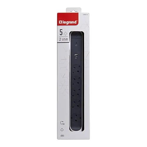 Legrand ▫️ Extensão com proteção contra sobretensão, USB Tipo A+C, com interruptor, base múltipla com 5 tomadas, cabo de 1,5 m, cor branca/cinzento escuro 694510 4