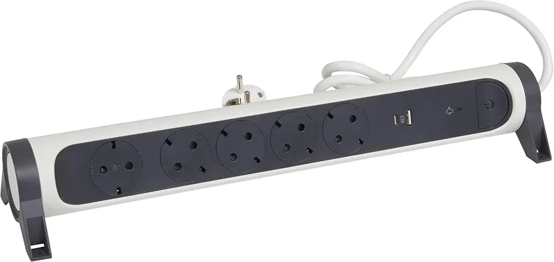 Legrand ▫️ Extensão com proteção contra sobretensão, USB Tipo A+C, com interruptor, base múltipla com 5 tomadas, cabo de 1,5 m, cor branca/cinzento escuro 694510