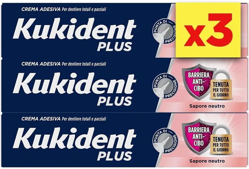 Kukident ▫️ Plus - Creme adesivo para próteses dentárias, cola para próteses dentárias totais e parciais, 3 embalagens de 35 g, sabor neutro, tecnologia anti-infiltração