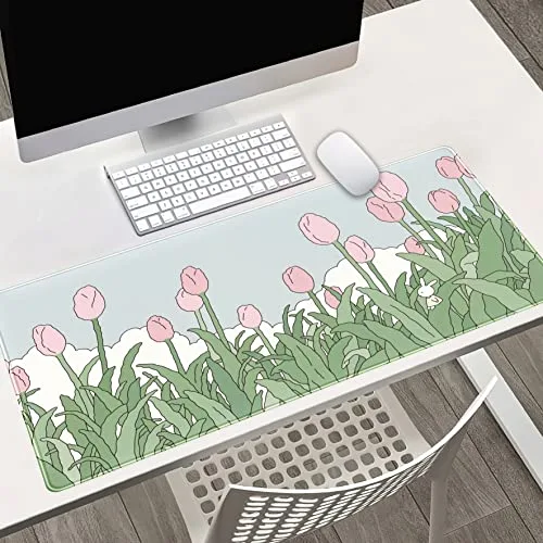 DSKGSJH ▫️ Tapete de rato sem fios, para jogos, extragrande XXL, para secretária, estilo anime kawaii, bordas cosidas, 80 x 40 cm, com padrão de tulipas rosa e verdes 2