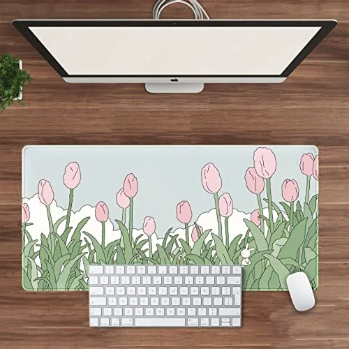 DSKGSJH ▫️ Tapete de rato sem fios, para jogos, extragrande XXL, para secretária, estilo anime kawaii, bordas cosidas, 80 x 40 cm, com padrão de tulipas rosa e verdes 3