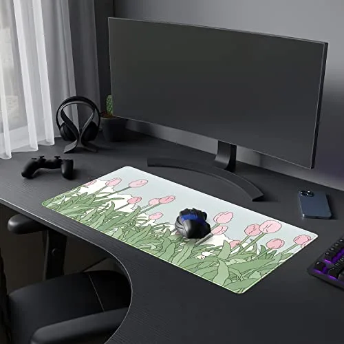 DSKGSJH ▫️ Tapete de rato sem fios, para jogos, extragrande XXL, para secretária, estilo anime kawaii, bordas cosidas, 80 x 40 cm, com padrão de tulipas rosa e verdes 4