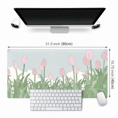 DSKGSJH ▫️ Tapete de rato sem fios, para jogos, extragrande XXL, para secretária, estilo anime kawaii, bordas cosidas, 80 x 40 cm, com padrão de tulipas rosa e verdes 5