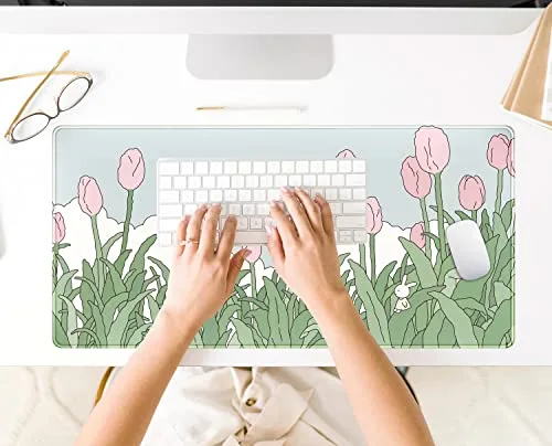 DSKGSJH ▫️ Tapete de rato sem fios, para jogos, extragrande XXL, para secretária, estilo anime kawaii, bordas cosidas, 80 x 40 cm, com padrão de tulipas rosa e verdes 7