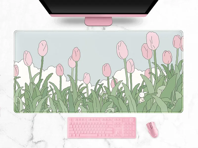 DSKGSJH ▫️ Tapete de rato sem fios, para jogos, extragrande XXL, para secretária, estilo anime kawaii, bordas cosidas, 80 x 40 cm, com padrão de tulipas rosa e verdes