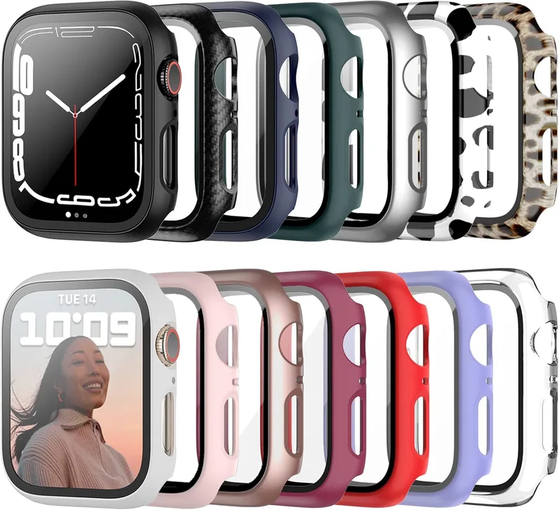 JZK ▫️ Conjunto de 14 capas com protetor de ecrã de vidro temperado para Apple Watch Series 6/5/4/SE de 1,732 polegadas, policarbonato rígido, cobertura total, fina, protetora, HD, ultrafina,