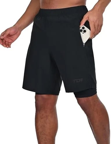 TCA ▫️ Calções desportivos de tecido para homem, com bolsos e calções interiores - Calções desportivos para homem, para corrida, ginásio e padel - Modelo 2 em 1 para homem, com calções interiores e 2 bolsos com fecho de correr 2