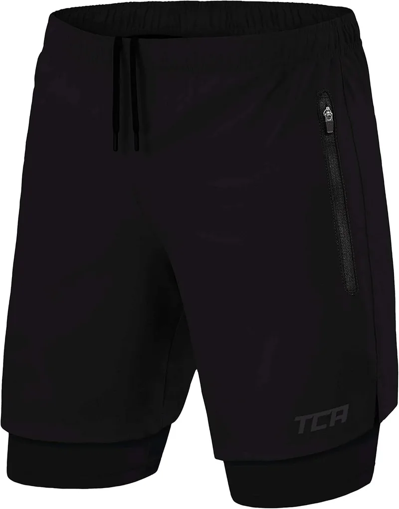 TCA ▫️ Calções desportivos de tecido técnico para homem com bolsos e calças interiores - Calções desportivos para homem para corrida, ginásio e padel - Modelo 2 em 1 para homem com calças interiores curtas e 2 bolsos com fecho de correr