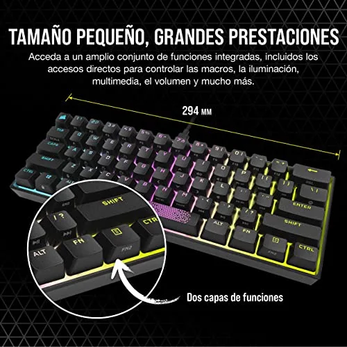 Corsair ▫️ Teclado mecânico com fio para jogos K65 RGB MINI 60% - Interruptores CHERRY MX RED - Teclas PBT Double-Shot - Compatível com iCUE - QWERTY ES - PC, Mac, Xbox - Preto 3