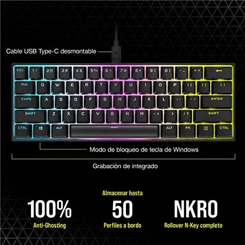 Corsair ▫️ Teclado mecânico com fio para jogos K65 RGB MINI 60% - Interruptores CHERRY MX RED - Teclas PBT Double-Shot - Compatível com iCUE - QWERTY ES - PC, Mac, Xbox - Preto 6