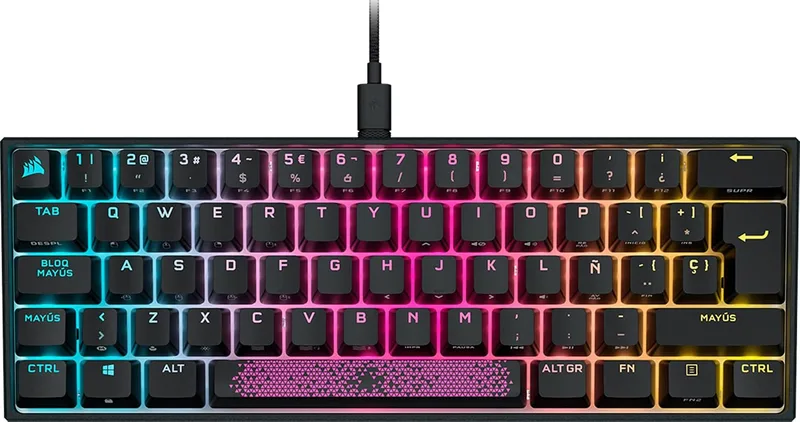 Corsair ▫️ Teclado mecânico com fio para jogos K65 RGB MINI 60% - Interruptores CHERRY MX RED - Teclas PBT Double-Shot - Compatível com iCUE - QWERTY ES - PC, Mac, Xbox - Preto
